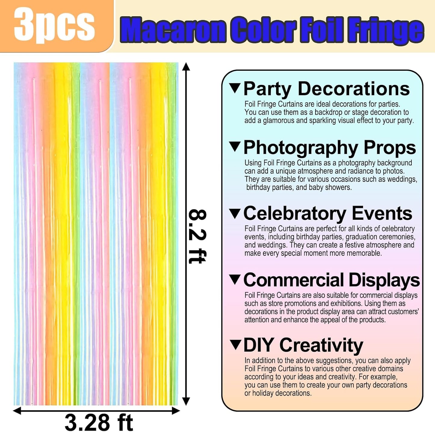 3 Pack Rainbow Foil Fringe Curtain Backdrop, 3.28Ft x 8.2Ft Metallic Tinsel Foil Fringe Streamer Curtains for Photo Booth, Mother's Day, Easter, Birthday, Wedding Party Decorations