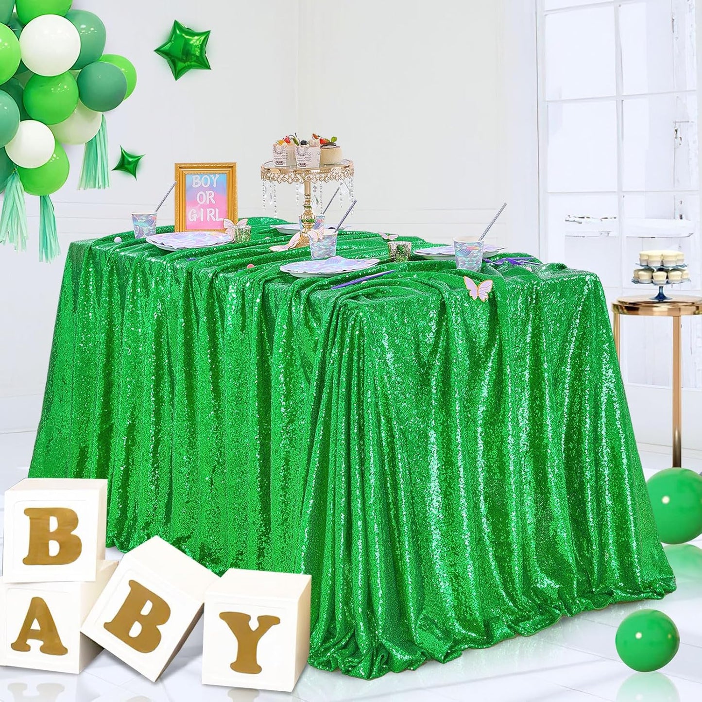 QueenDream Sequin Tablecloth - Green Party Tablecloth 90x156 Inch Green Glitter Table Cloth Sequin Fabric for Birthday Birdal Baby Shower Wedding