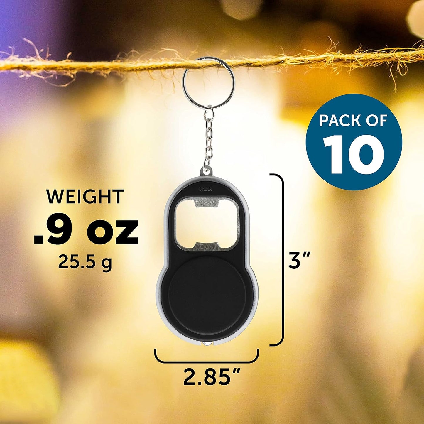 Bottle Opener & LED Keychains Set of 10, Bulk Pack - Perfect for Tradeshows, Party Favors, Other Events - Black