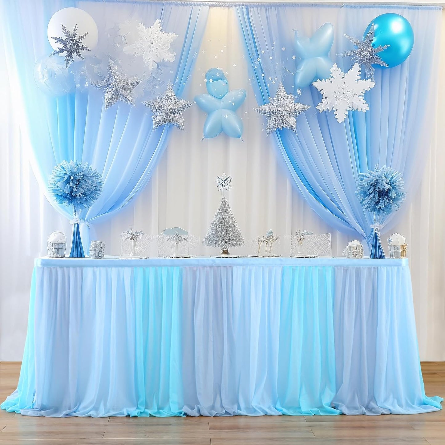 Frozen Theme Party Tulle Table Skirt for Rectangle Tables 6ft Ocean Blue Ruffle Tutu Table Cloth Cover for Winter Wonderland Baby Shark Baby Shower Birthday Party Wedding Decorations