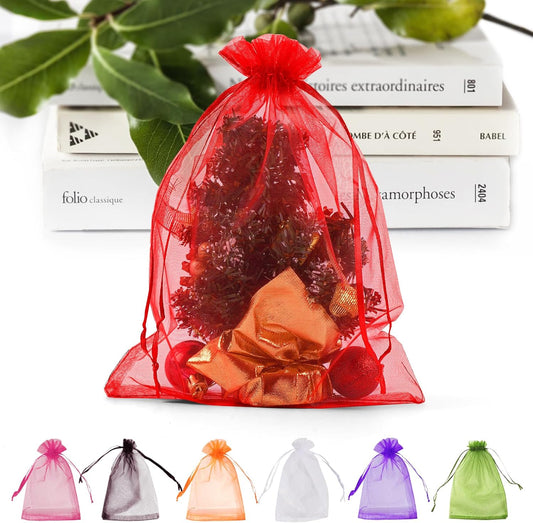 ANZNKU 50 Pack Red Organza Bags 6x9 inches Mesh Bags Drawstring, Sheer Mesh Bag Drawstring, Gift Bag for Party, Christmas Wedding Mesh Festival Makeup Favor Pouch