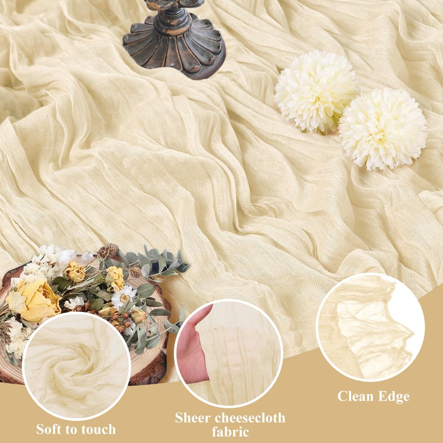 Asee'm 2pcs Cheesecloth Table Runner 120 Inches Long Beige Boho Gauze Cheese Cloth Runner 10FT Rustic Sheer Table Runners for Christmas Wedding Party Baby Shower Spring Easter Decoration