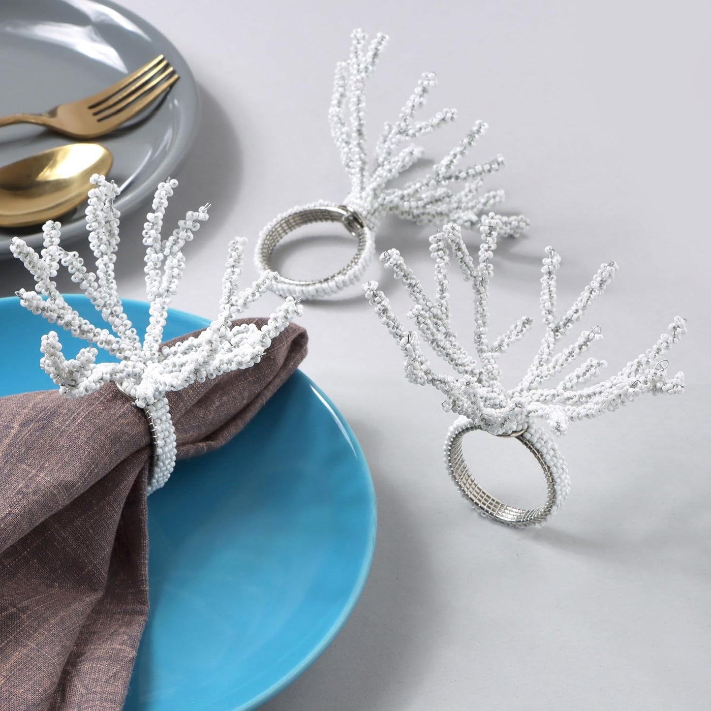 Beaded Napkin Rings Set for Dining Table - Elegant Pearl White Glass Beads with Silver Finish – Perfect for Weddings, Coastal Décor, Parties & Holiday Entertaining (White) - CLEENTABLE