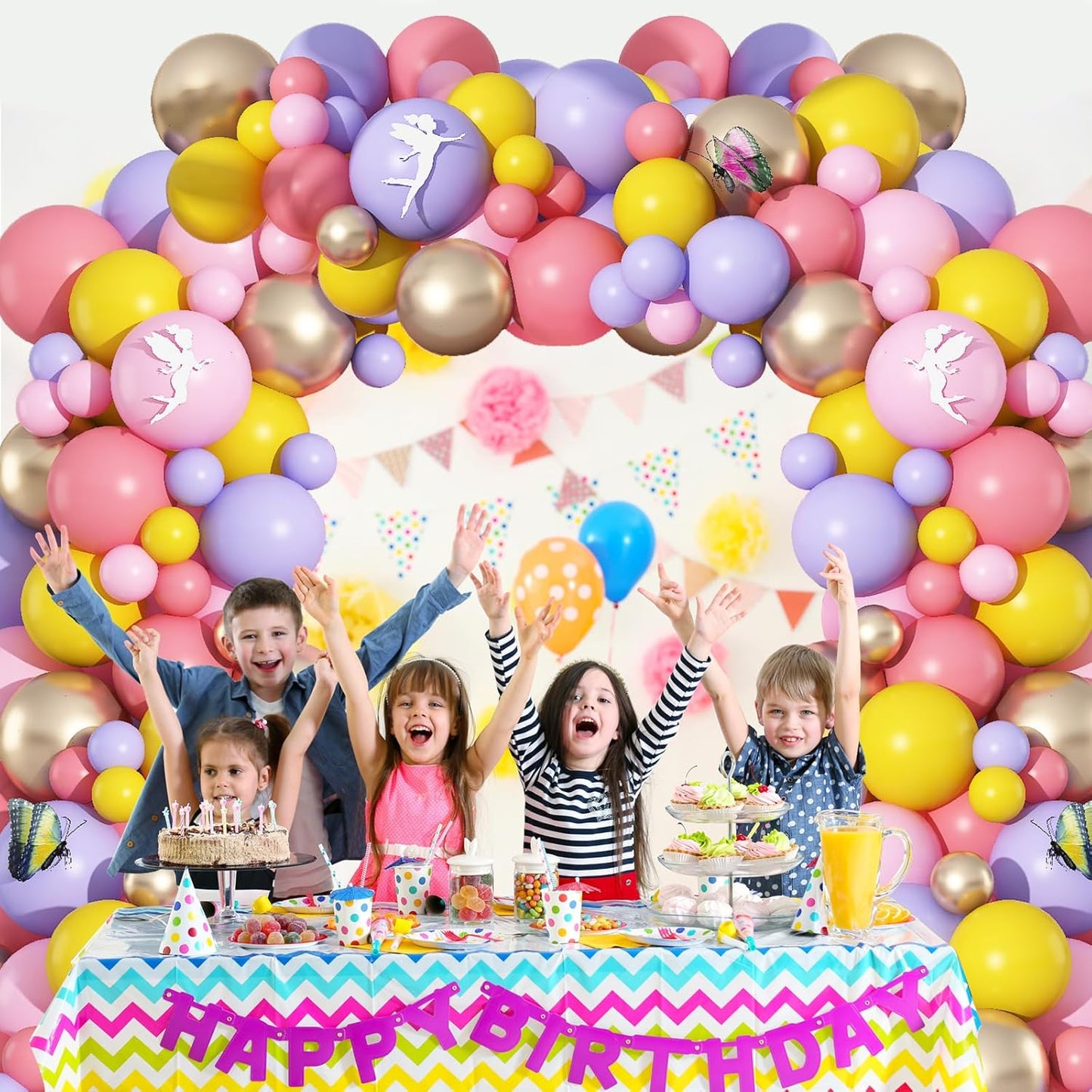 Fairy Balloon Arch Kit 107Pcs Pastel Pink Purple Balloons Garland Dusty Pink Yellow Champagne Gold Birthday Party Balloons for Girls Mushroom Butterfly Garden Wild Floral Bridal Baby Shower Decoration