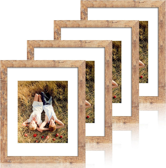 11x14 Picture Frame Set of 4 with Tempered Glass, Rustic Brown Frame Display 8x10 Pictures with Mat or 11 x 14 Without Mat, Wooden Photo Frames for Wall Mounting
