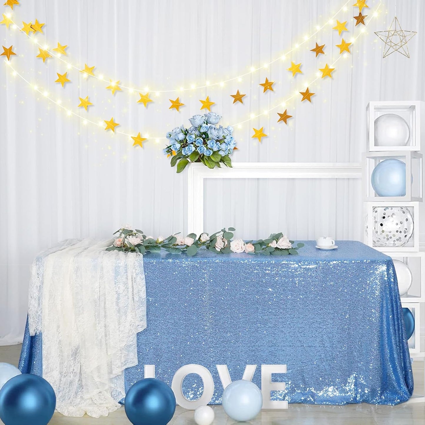 SquarePie Sequin Tablecloth 90 x 132 Inch Baby Blue Sparkly Table Linen for Wedding Party