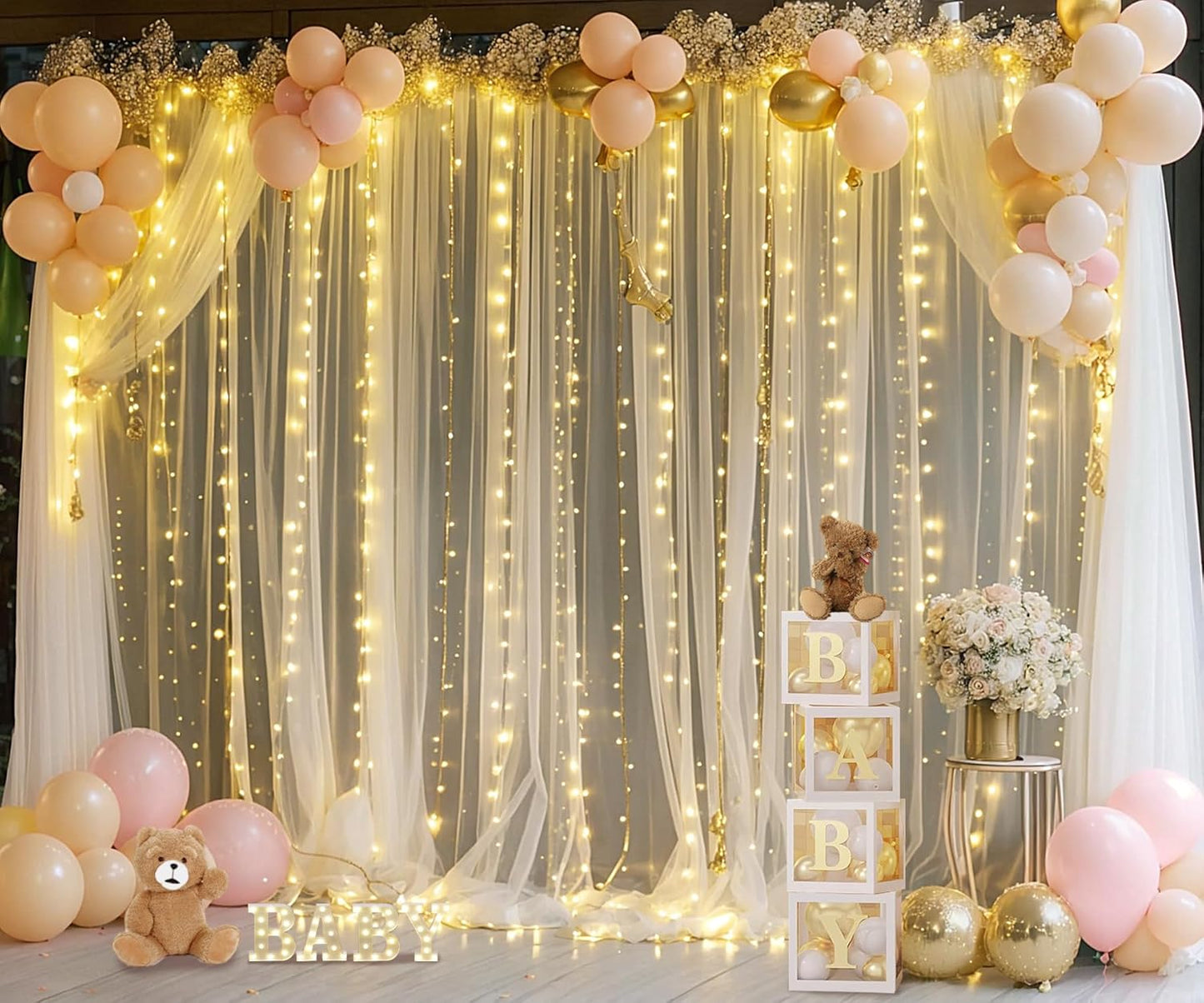 Champagne Backdrop Curtain with Lights String for Parites Wedding 20×8ft Sheer Tulle Backdrop Curtains for Bridal Shower Baby Shower Birthday Party Photo Shoot Background Decorations(4 Panels 5ft×8ft)