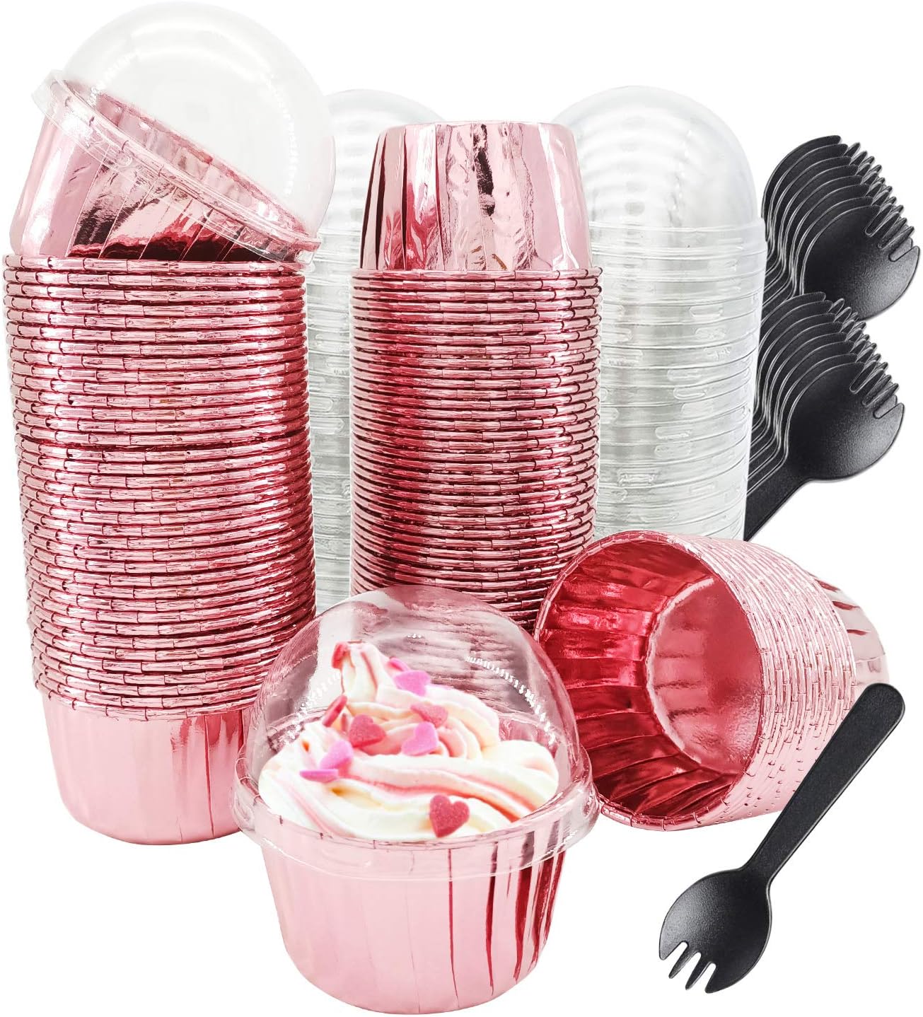 Cupcake Liners with Dome Lids 100Pack,Free-Air 3.5Oz Mini Foil Baking Cups Muffin Liners,Disposable Muffin Tin Cupcake Cups for Individual Bakery Wedding Birthday Party, with Spoons-Rose gold