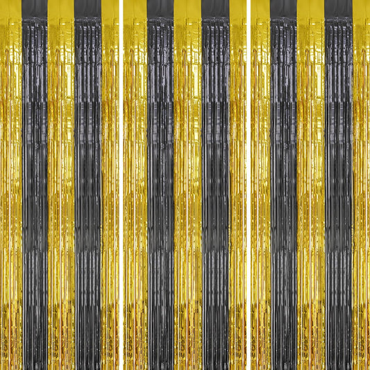 3 Pack Foil Fringe Backdrop - Black&Gold Shiny Tinsel Curtains for Party Decoration/Photo Booth Props - 3.3x8.2 FT Metallic Foil Backdrop for Birthday, Wedding, Graduation, Christmas.