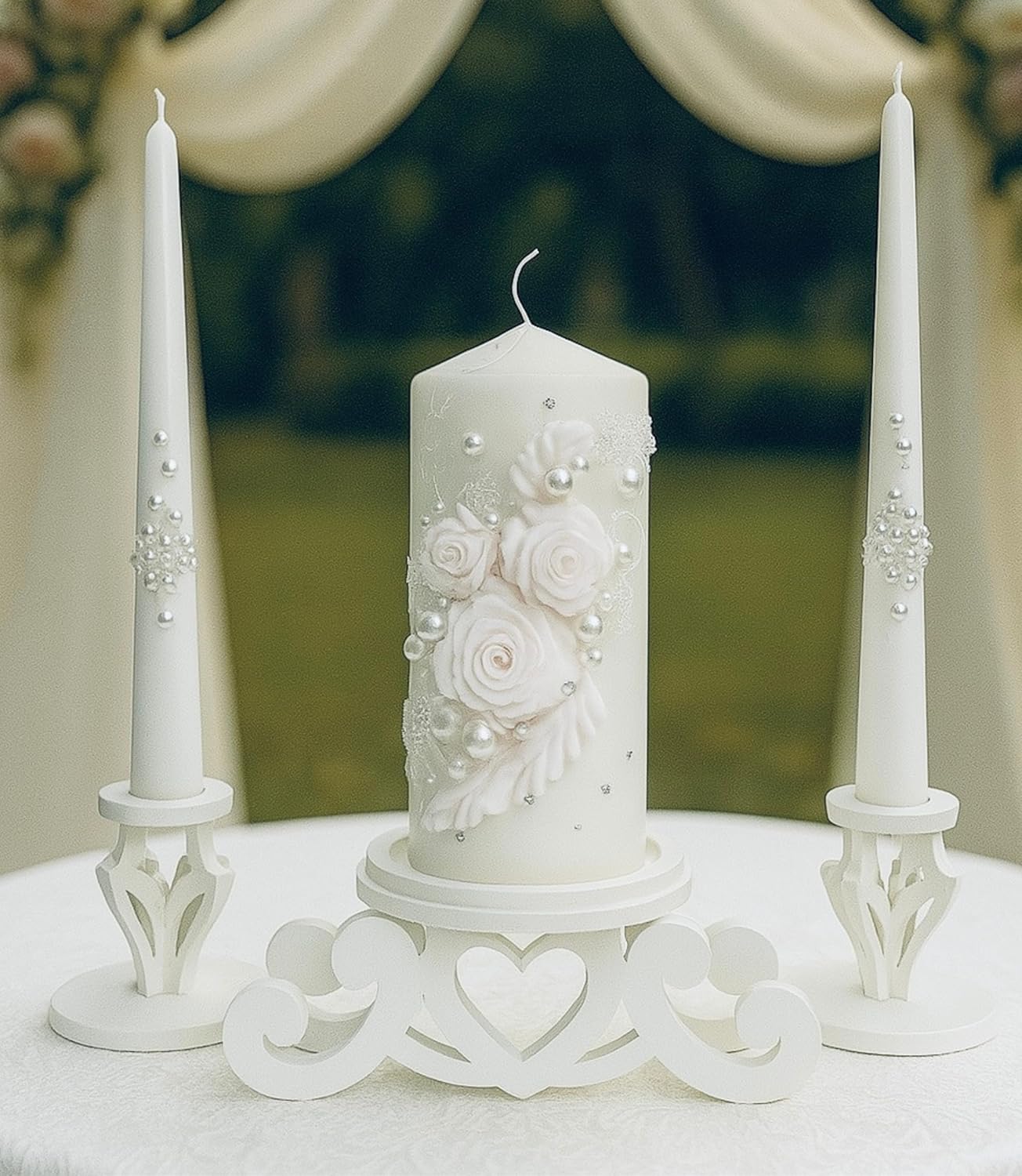 Unity Candle Set - Wedding Ceremony & Reception – 6” Pillar & Two 10” Taper Candles – Long Burning Unity Candles for Marriage Ritual – Handmade in USA – White|Florals|Classic