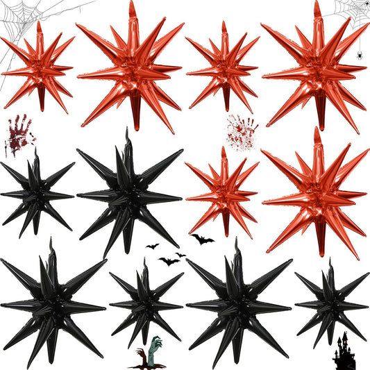 Black Orange Star Balloons 12pcs, 27/22 Inch Foil Star Explosion Balloons, Large Spike Mylar Cone Balloon, Fireworks Shape Balloon Decor for Graduation Birthday Halloween Backdrop