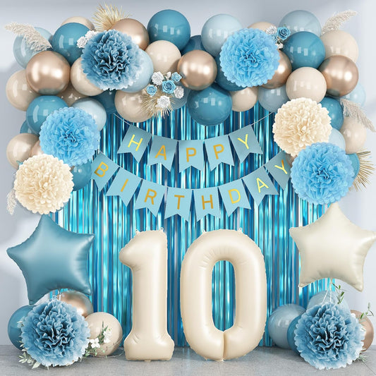 Dusty Blue 10th Birthday Party Decorations Boys Girls Beige Cream Number 10 Balloon with Blue Gold Happy Birthday Banner Fringe Curtain Paper Pom Poms Nude White Sand Champagne Star Foil Balloons