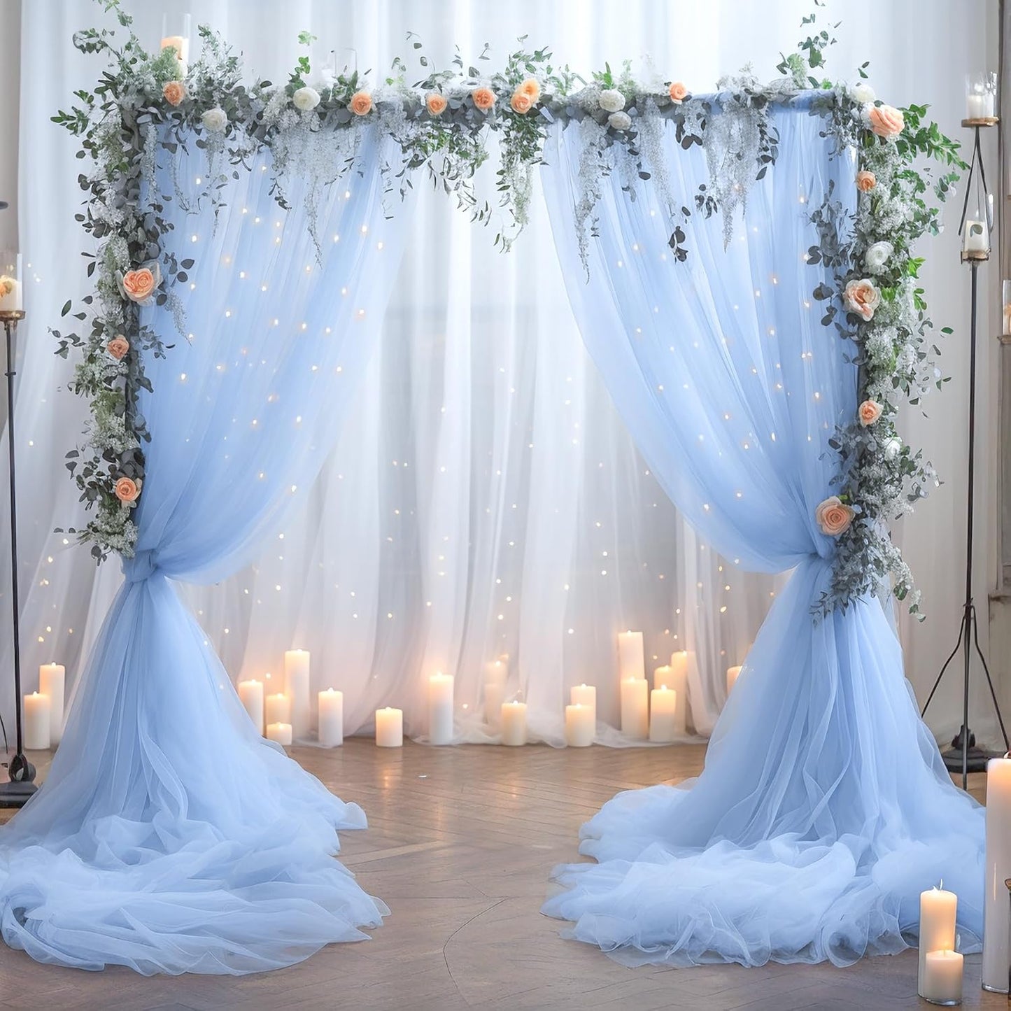 Baby Blue Sheer Tulle Backdrop Curtains with Lights String for Parites Baby Shower Decorations for Boy Bridal Shower Birthday Party Photo Shoot Background Wall Decorations 10×8ft(2 Panels 5×8ft)