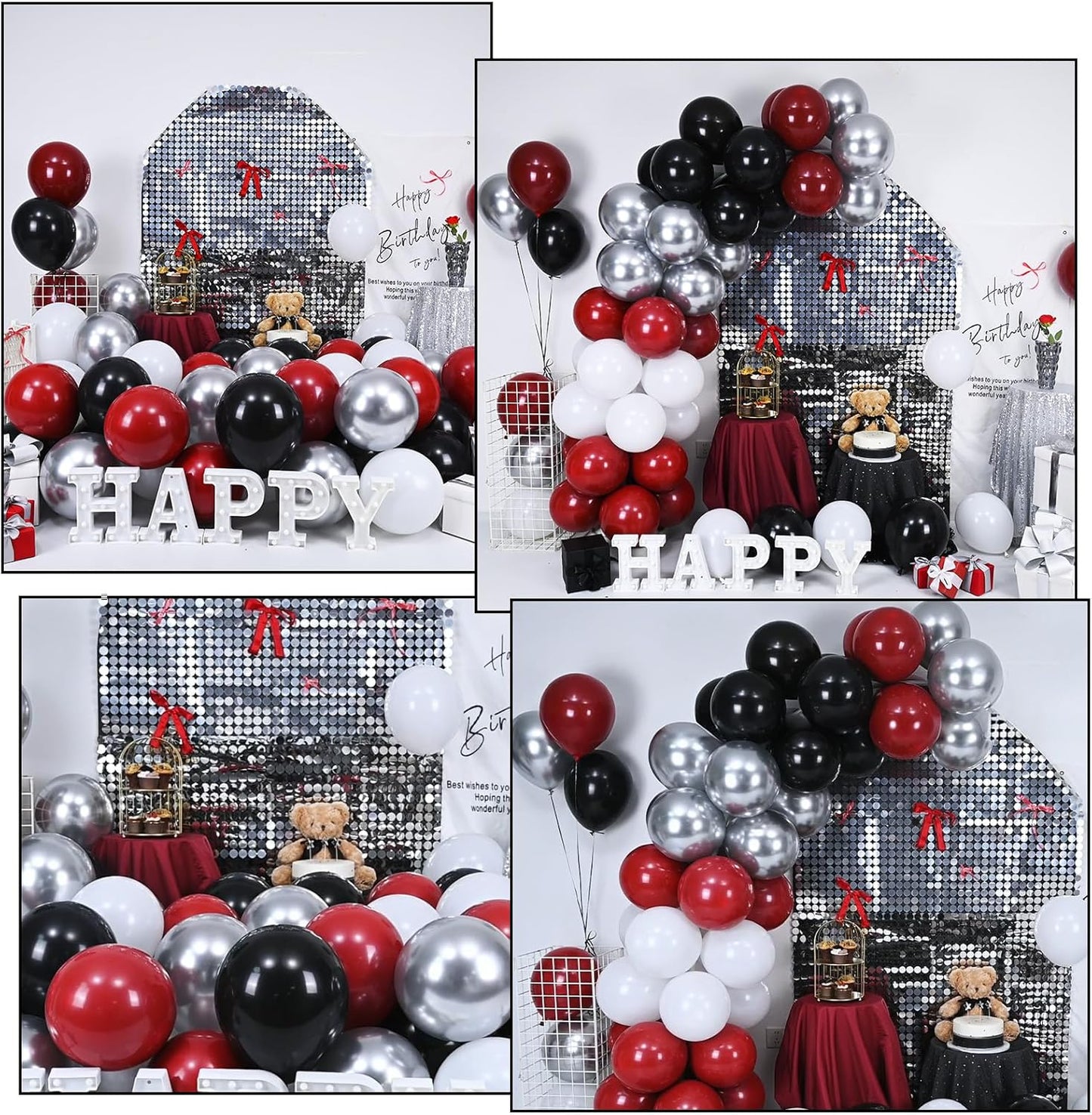 Red Black Balloons, 60 Pcs 12 Inch Double Stuffed Red Matte Black White Balloon with Metallic Silver Balloon for Halloween Vampire Prom New Year Race Car Theme Birthday Poker Card Party Decorations