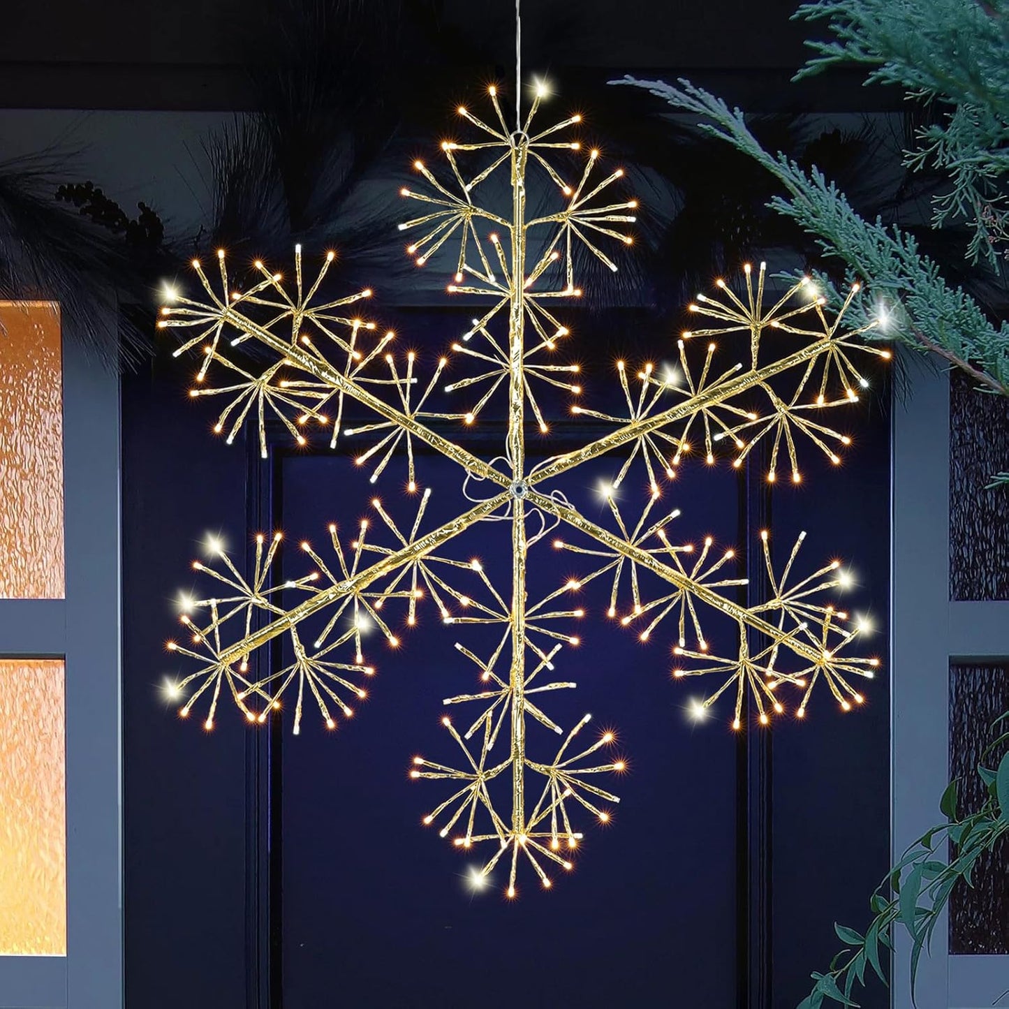 30’’ Christmas Snowflake Lights Outdoor, Pre-lit 240Pcs Warm White LEDs Hanging Golden Snowflake Decoration for Home Indoor Outdoor Window Silhouette