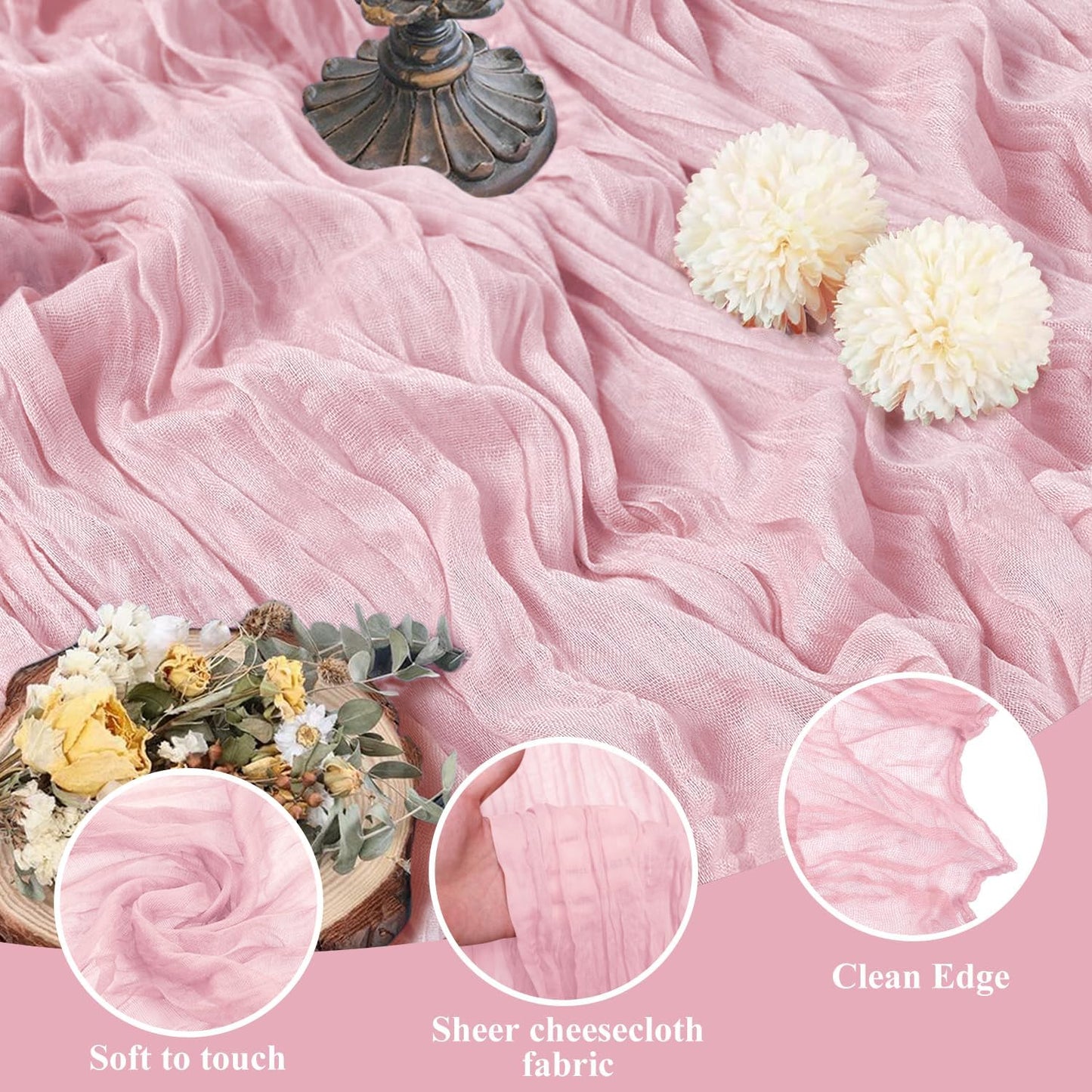 Asee'm 3pcs Cheesecloth Table Runner 120 Inches Blushing Pink Boho Gauze Cheese Cloth Runner 10FT Rustic Sheer Fall Table Runners for Thanksgiving Wedding Baby Shower Holiday Party Decoration