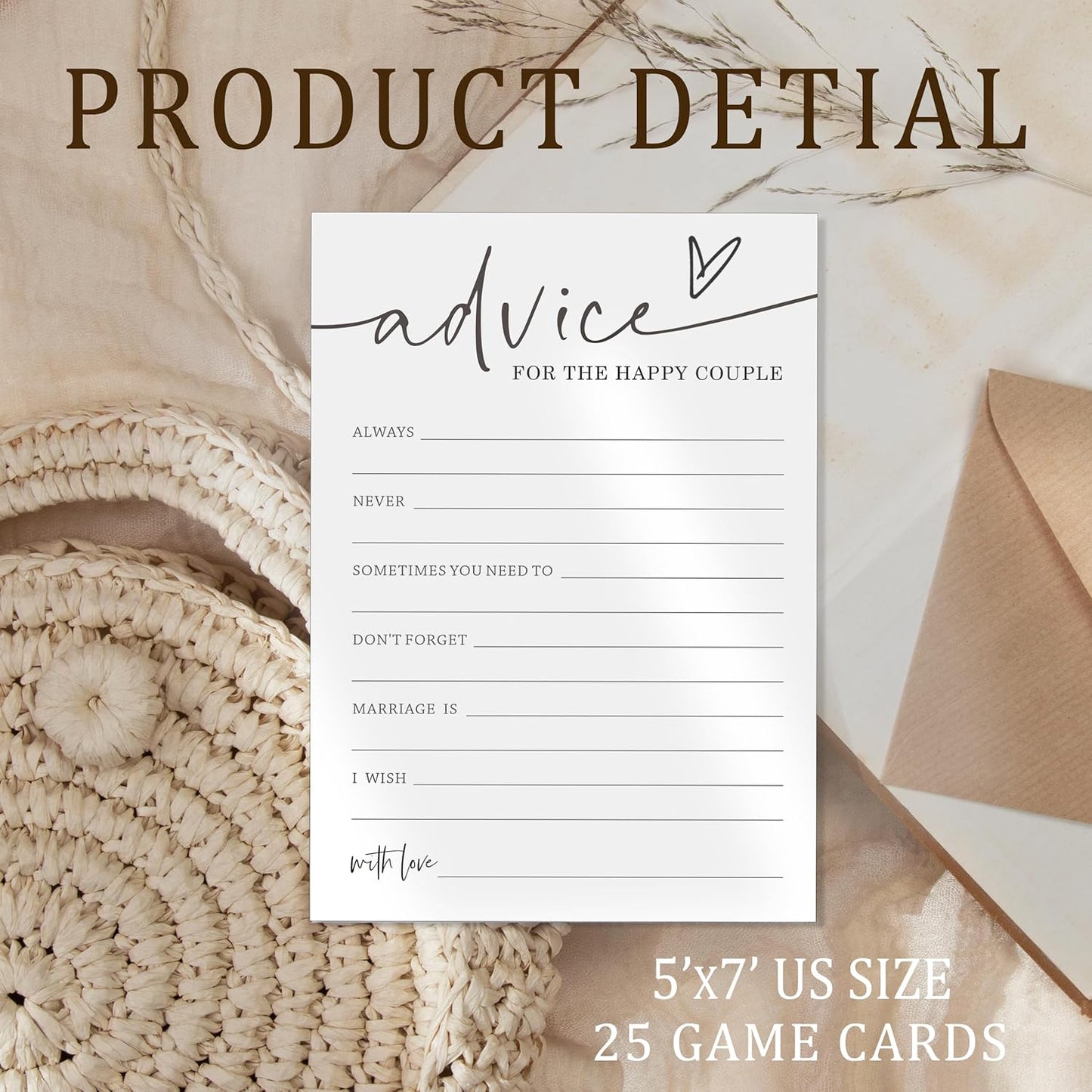 Wedding Advice Cards - Advice and Wishes for the Newlyweds Mr and Mrs Bride & Groom Perfect for Bridal Shower Wedding Games and Guest Book Alternative Pack of 25 Minimalist White 5x7 Inch Cards - A10