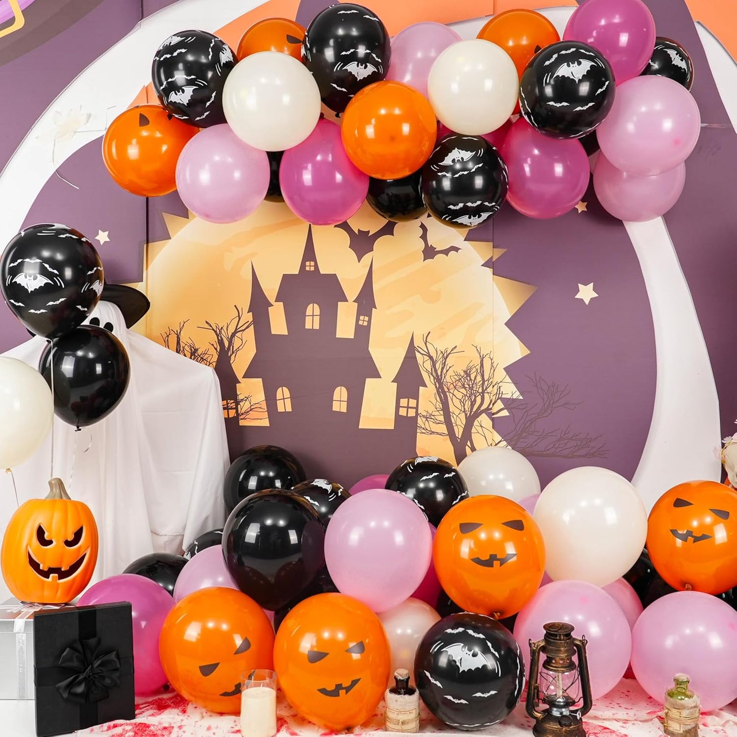 Halloween Party Balloons, Black Hot Pink Orange Balloons, Retro Peach Red Pastel Pink Balloon Black Bat Orange Pumpkin Printed Balloon for Halloween Birthday Baby Shower Home Garden Party Decoration