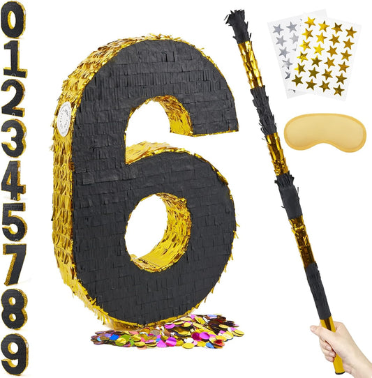 PCFING 20 Inch Number 6 Piñata Gold Black with 30 Inch Piñata Stick Blindfold Confetti for Man Women Boys Girls Birthday Party Decorations, Anniversary Celebration, Fiesta
