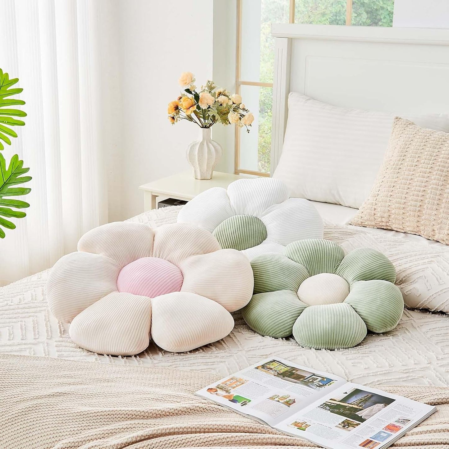 Sage Green Flower Pillow, 17.7" Cute Flower Shaped Floor Pillow, Aesthetic Floral Plush Daisy Decorative Throw Pillows for Bed Sofa Couch