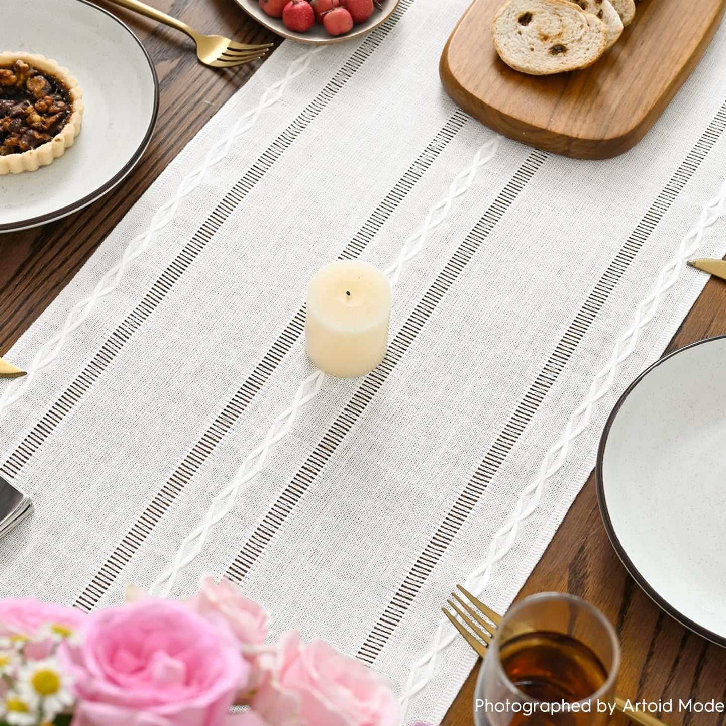 Artoid Mode Rustic Cotton Linen Table Runner, Seasonal Embroidered Hollow Kitchen Dining Table Decoration for Home Party Decor 13x90 Inch