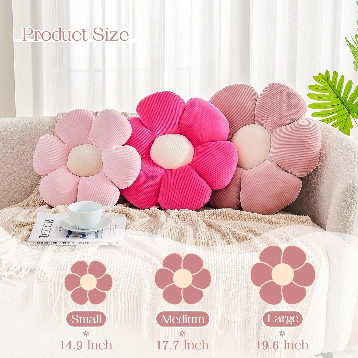 Hot Pink Flower Pillow, 19.6" Cute Flower Shaped Floor Pillow, Aesthetic Floral Plush Daisy Decorative Throw Pillows for Bed Sofa Couch