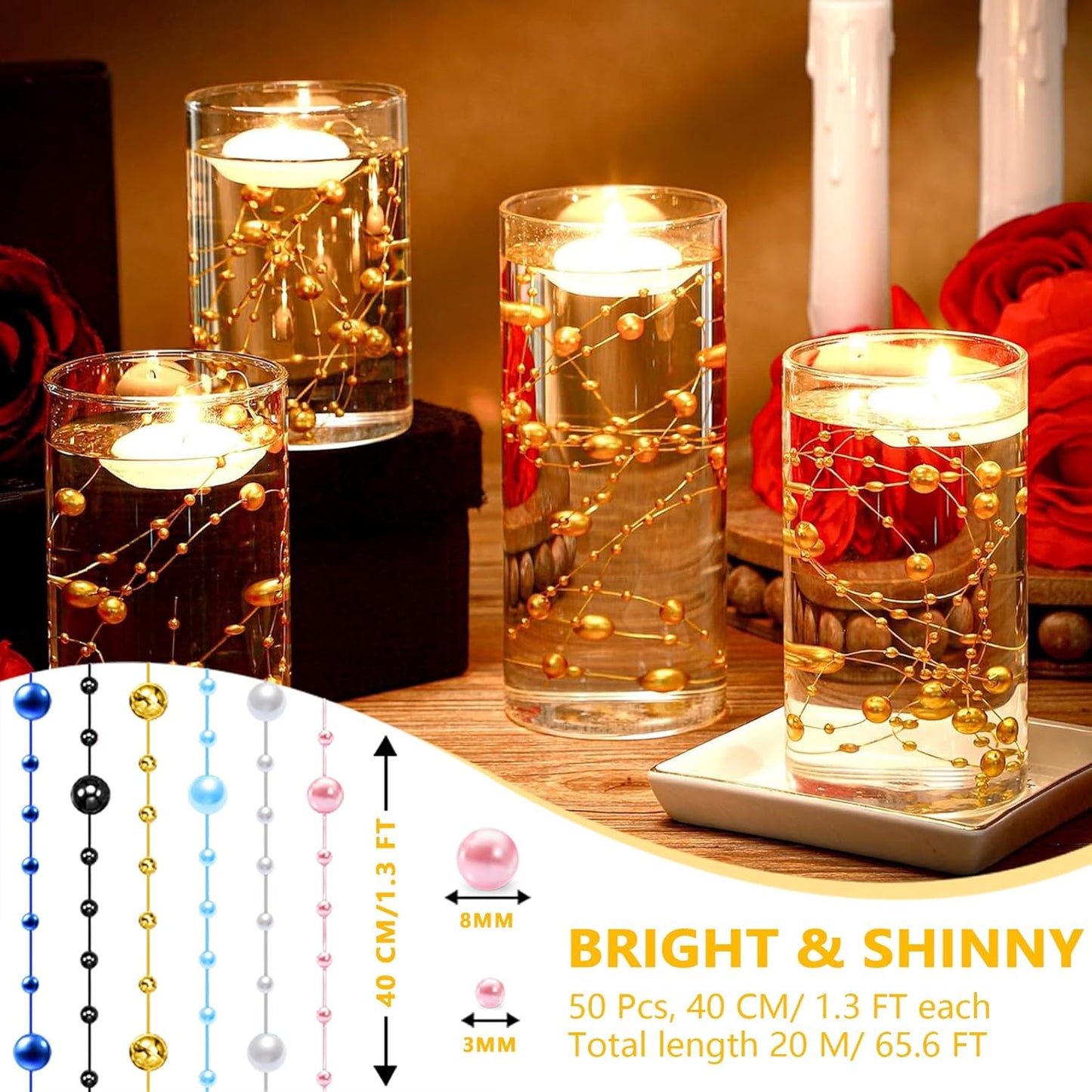 50 PCS Artificial Floating Beads for Centerpieces Vases, Gold 8+3mm String Beads for Wedding Party Faux Pearl String for Decorating, String Pearls for Crafts Vase Filler