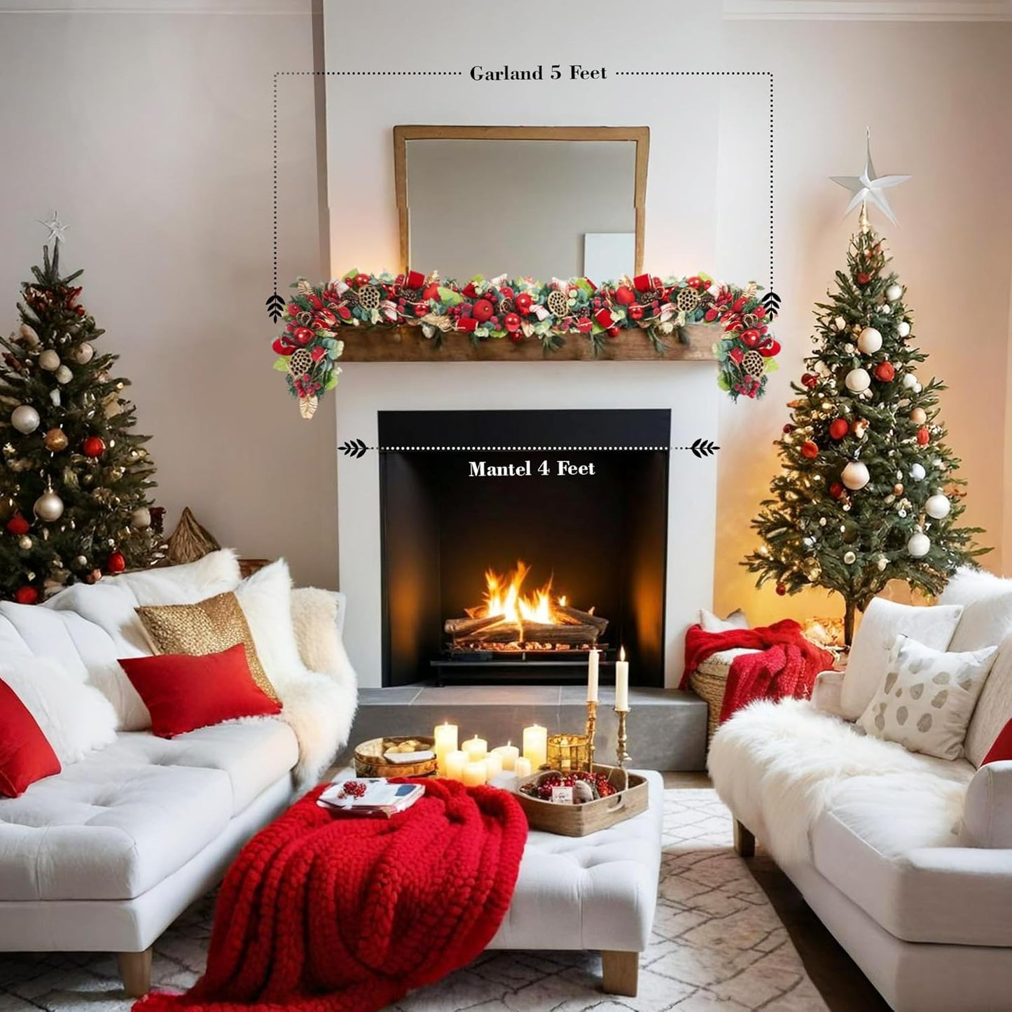 5 ft Christmas Garland for Mantle for Stairs Railing, Banister, Staircase, Fireplace, for Table No Light, Garland Decor Frosted Red Poinsettia Holiday Tree (Red Plain Lotus Pod Garland)