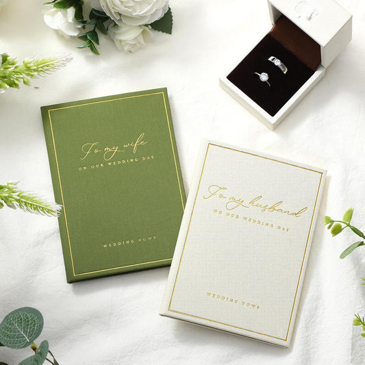 Engrowtic 2 Pcs Wedding Vow Books His and Her to Husband Wife Wedding Must Have Registry Ideas Gold Foil Lined Page Premium Engagement Gift for Guest Groom Newly Engaged Couple(Green-white)