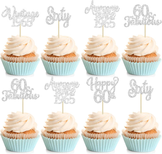 30Pcs Happy 60th Birthday Cupcake Toppers Glitter Sixty Vintage 1965 Cupcake Picks Cheers to 60 Fabulous Cake Decorations for 60th Birthday Wedding Anniversary Party Supplies Silver
