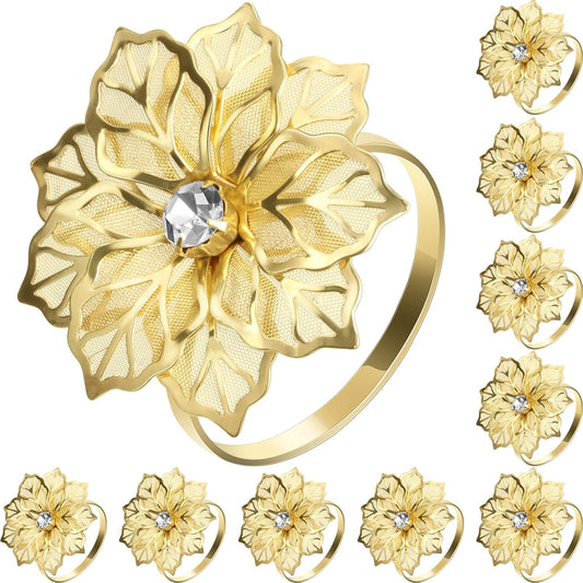 Hotop 12 Pcs Hollow Out Flower Napkin Rings Fall Napkin Ring Holder Metal Serviette Buckles Set for Dinner Thanksgiving Christmas Wedding Banquet Table Plates Decoration(Gold)