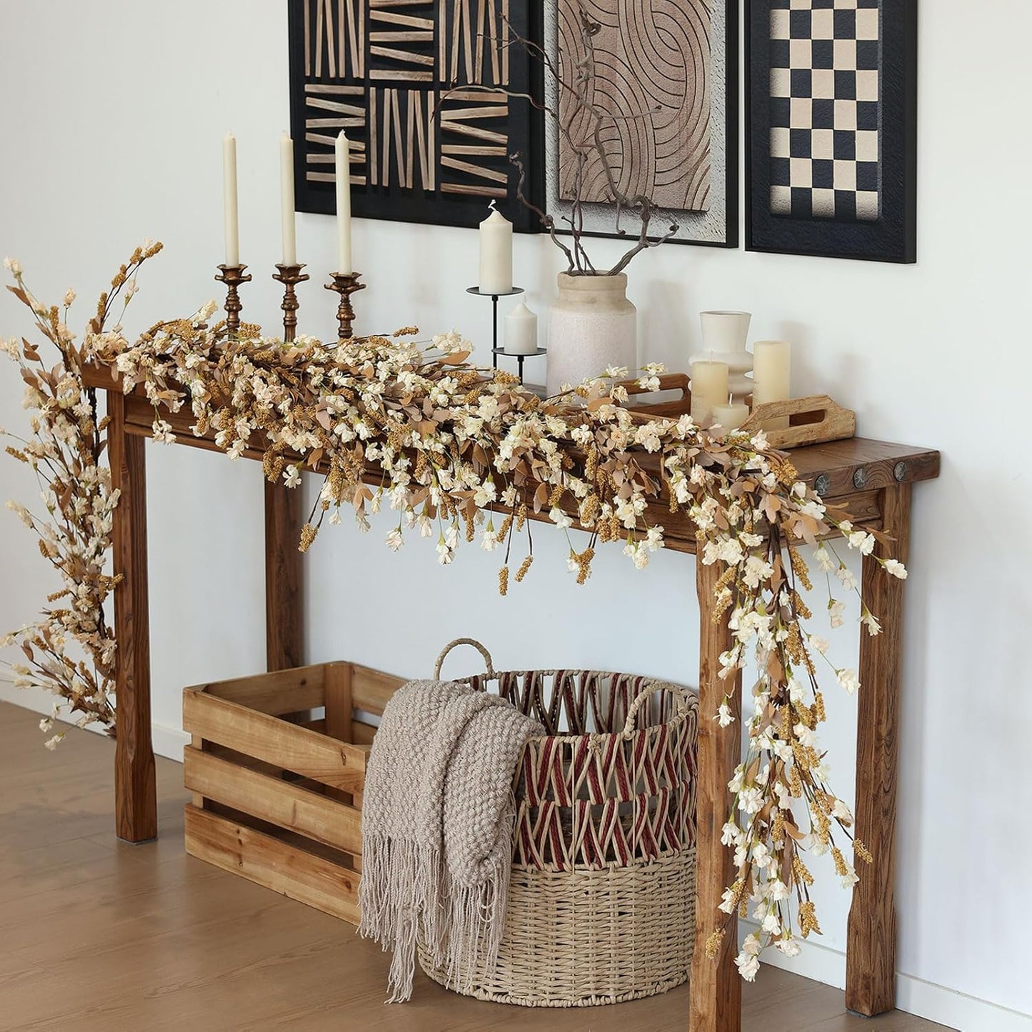 Mizii Fall Garland Artificial Flower Garlands 6 Feet Fake Wildflower Floral Garland Hanging Vines Flowers Decorations for Mantle Table Centerpieces Room Wall Fireplace Wedding Fall Decor (Beige)