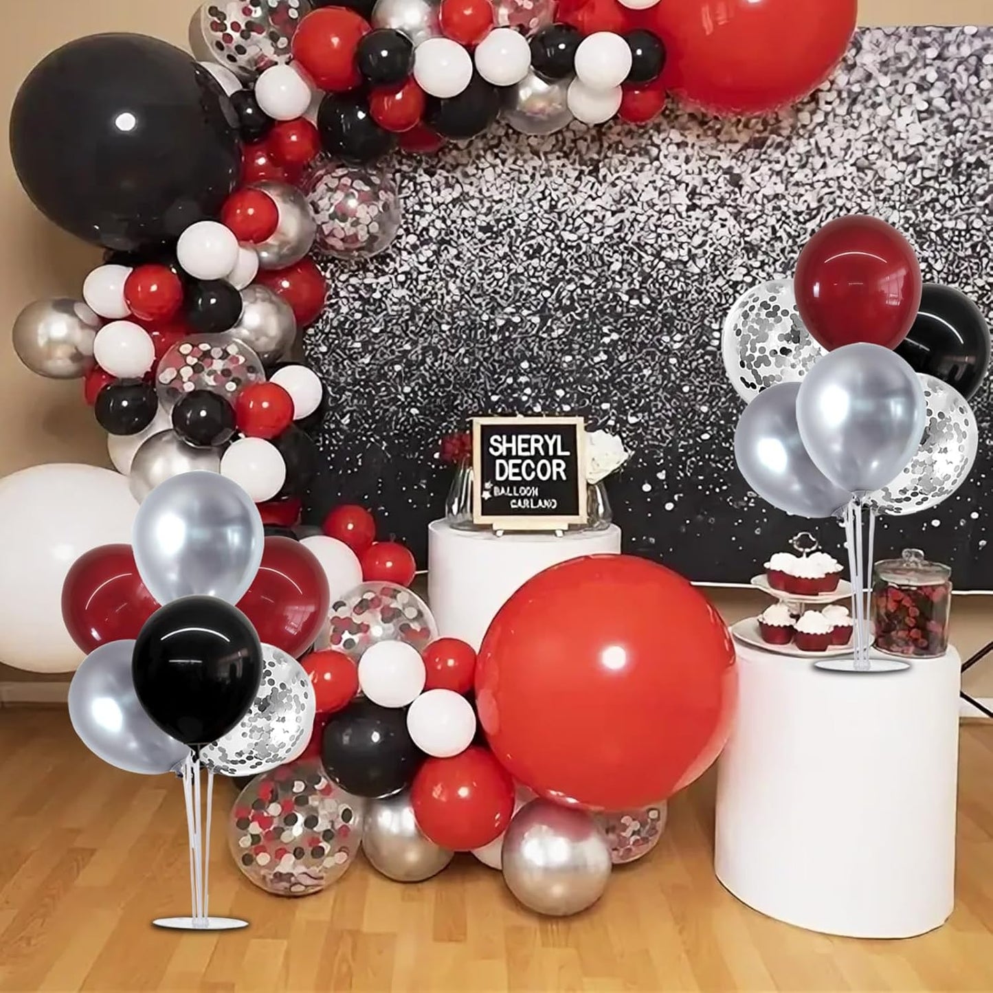 TONIFUL 4 Set Burgundy Red Black Silver Balloon Stand Centerpiece Table Decorations for Graduation Decoration 2025,Christmas Party Decoration,Halloween,New Year's Eve,Anniversary,Birthday Decorations
