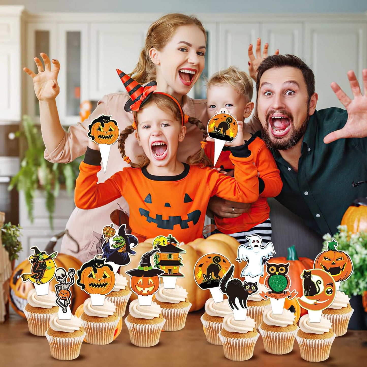 24 PCS Vintage Halloween Cupcake Toppers Halloween Happy Birthday Party Decorations Cake Decor Cupcake Decorations Cake Decorating Party Supplies Decor for Baby Shower Boys Girls