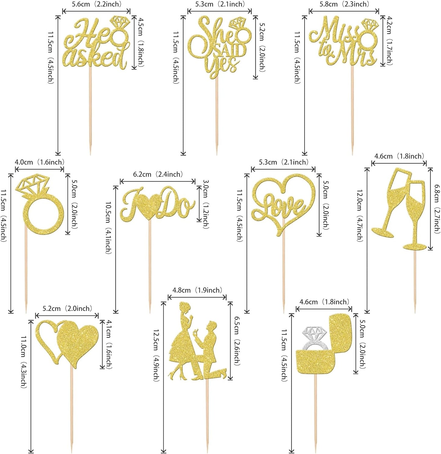 30 PCS He Asked She Said Yes Cupcake Toppers Glitter Engagement Cupcake Toppers Miss to Mrs I Do Love Heart Ring Miss to Mrs Cupcake Picks for Wedding Engagement Party Cake Decorations Supplies Gold