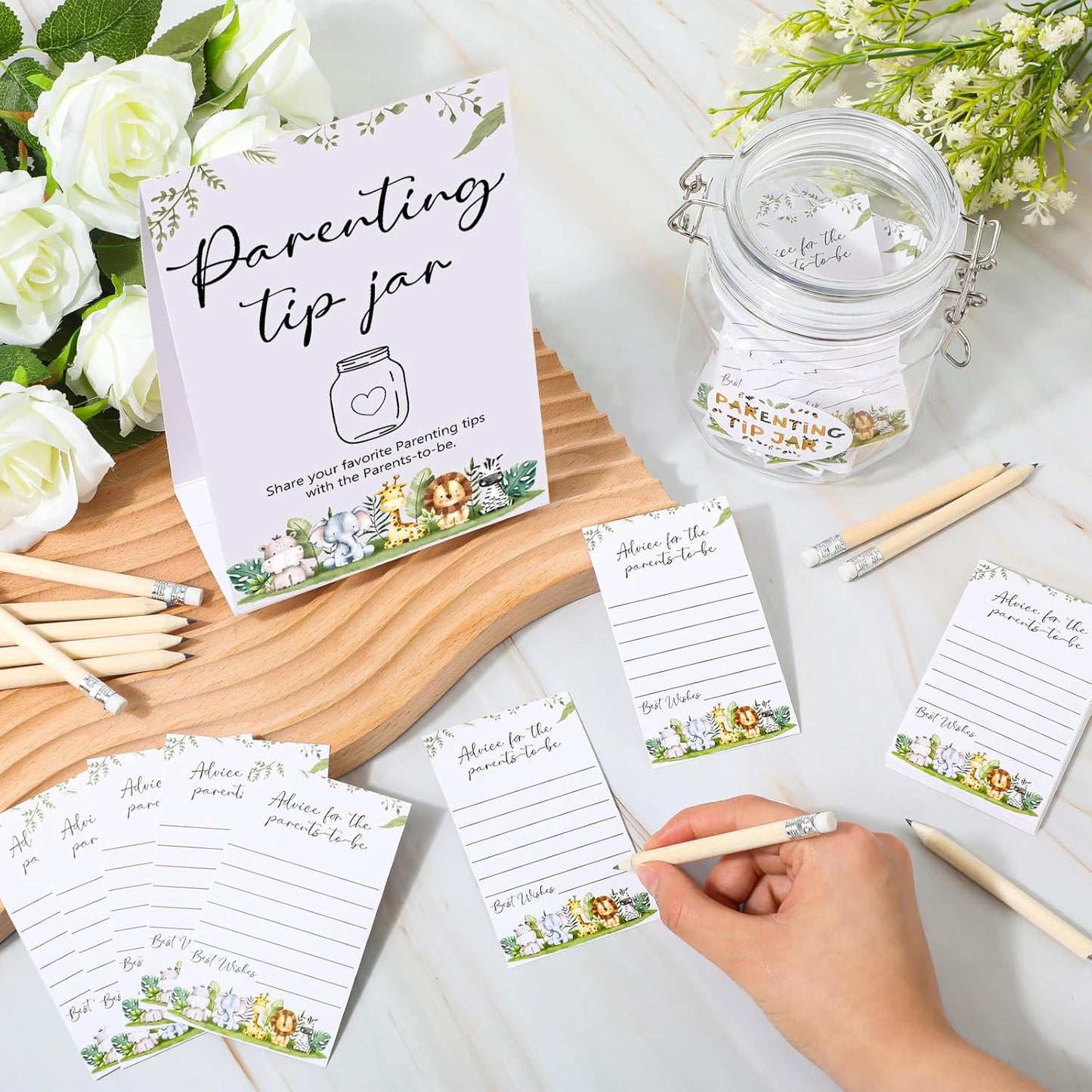 Roowest Baby Shower to Baby Advice Cards for New Parents to Be - Tip Jar Sign for New Parents 60 Parenting Advice Cards 10 HB Pencils 2 Cute Stickers 1 Pet Bottle for Guests Games(Animal)