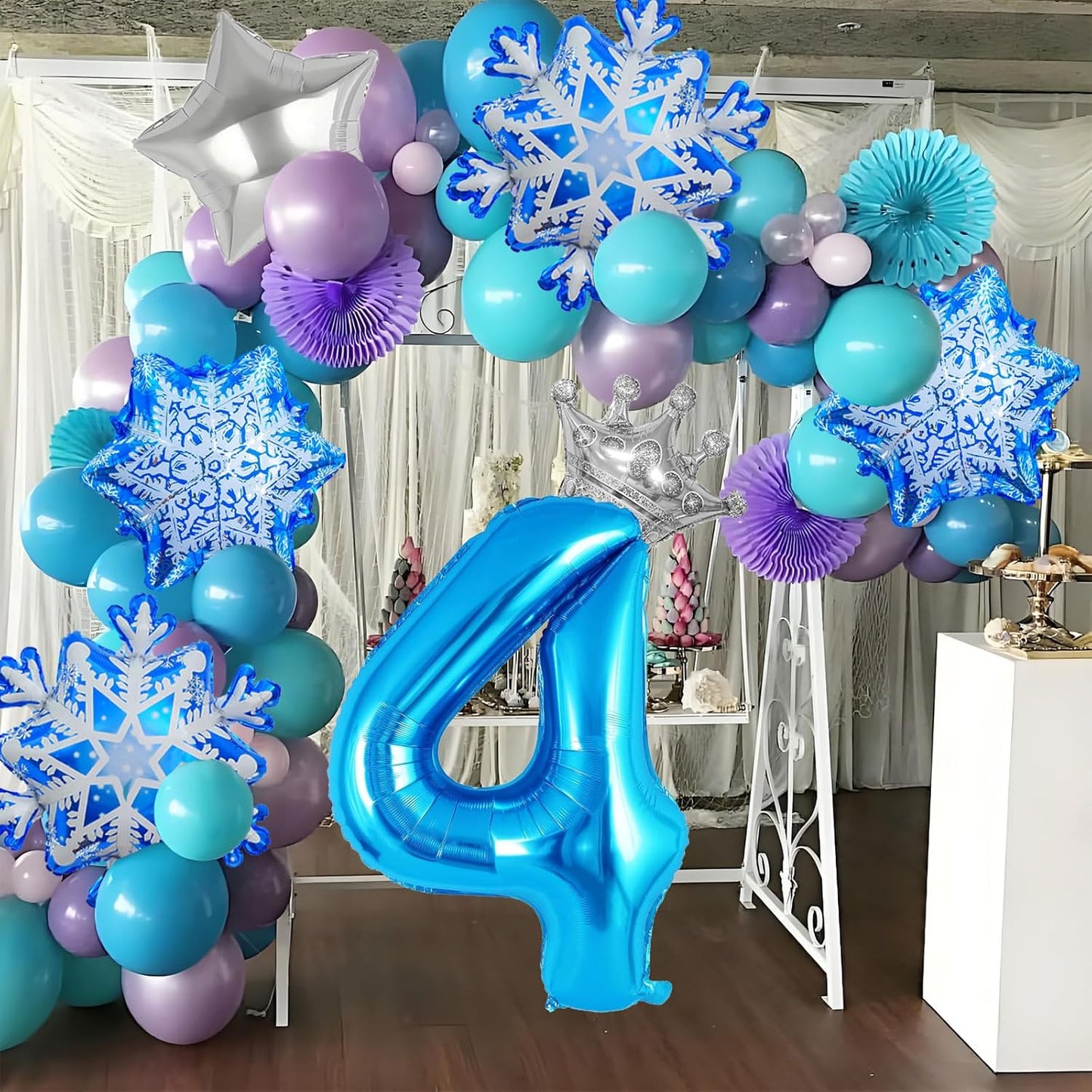 8Pcs Winter Wonderland Decorations - 40inch Blue Number 4 Balloons - Crown Balloons for Winter Wonderland Party Decorations - Birthday Decoration