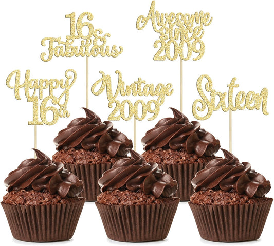 30Pcs Vintage 2009 Cupcake Toppers Glitter Sixteen Happy 16th Birthday 16 Fabulous Cupcake Picks Cheers to 16 Years for 16th Birthday Wedding Anniversary Party Cake Decorations Supplies Gold