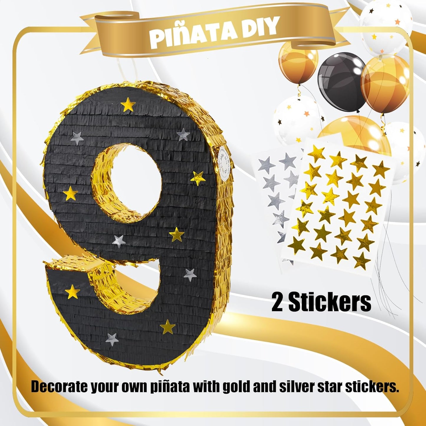 PCFING 20 Inch Number 9 Piñata Gold Black with 30 Inch Piñata Stick Blindfold Confetti for Man Women Boys Girls Birthday Party Decorations, Anniversary Celebration, Fiesta
