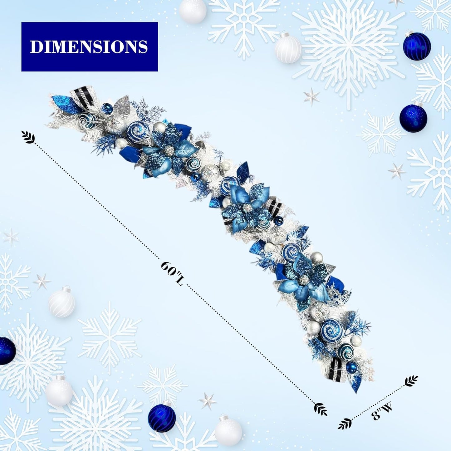 5 ft Christmas Garland for Mantle Unlit Garland for Stairs Railing, Banister, Staircase, Fireplace, for Table No Light, Garland Decor Frosted Red Poinsettia Holiday Tree (Lux Blue Silver)