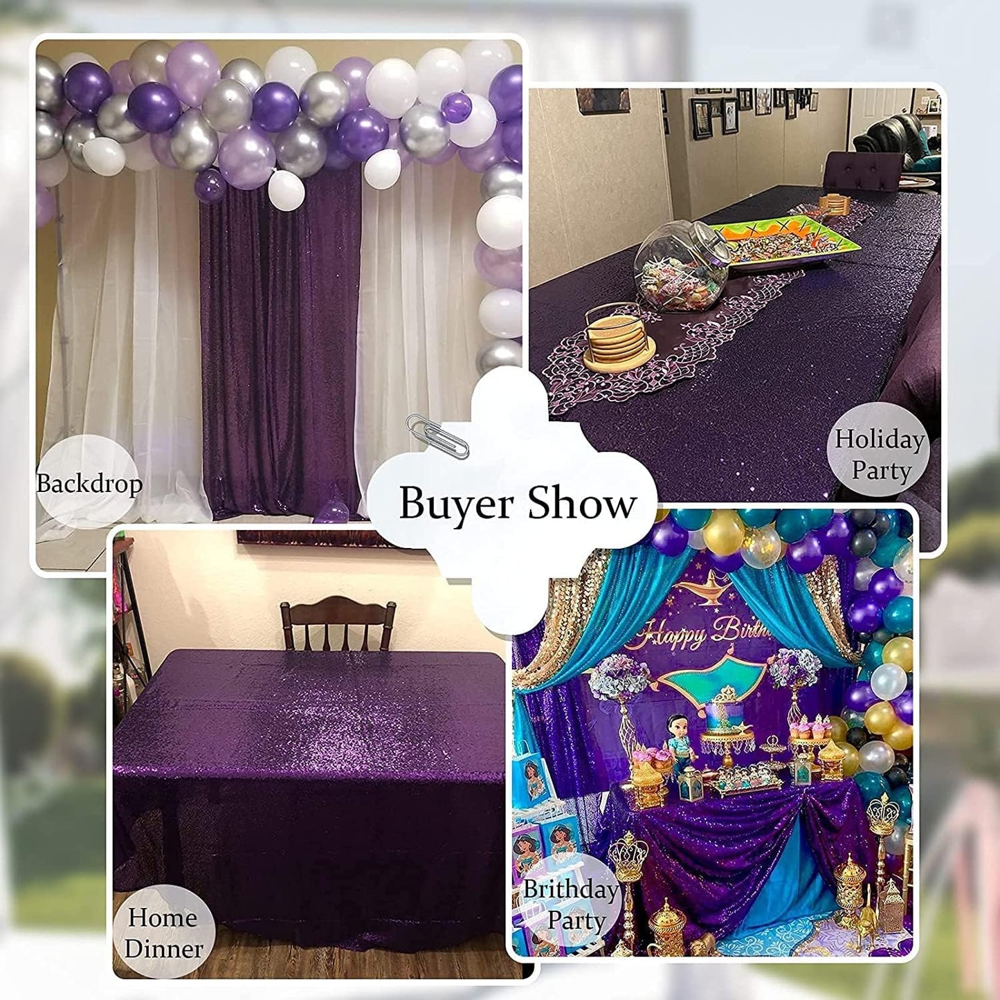 QueenDream Sequin Tablecloth 90"x132" Purple Party Tablecloth Rectangular Seamless Sequin Table Cloth Overlay Glitter Wedding Birthday Bridal Shower Decorations