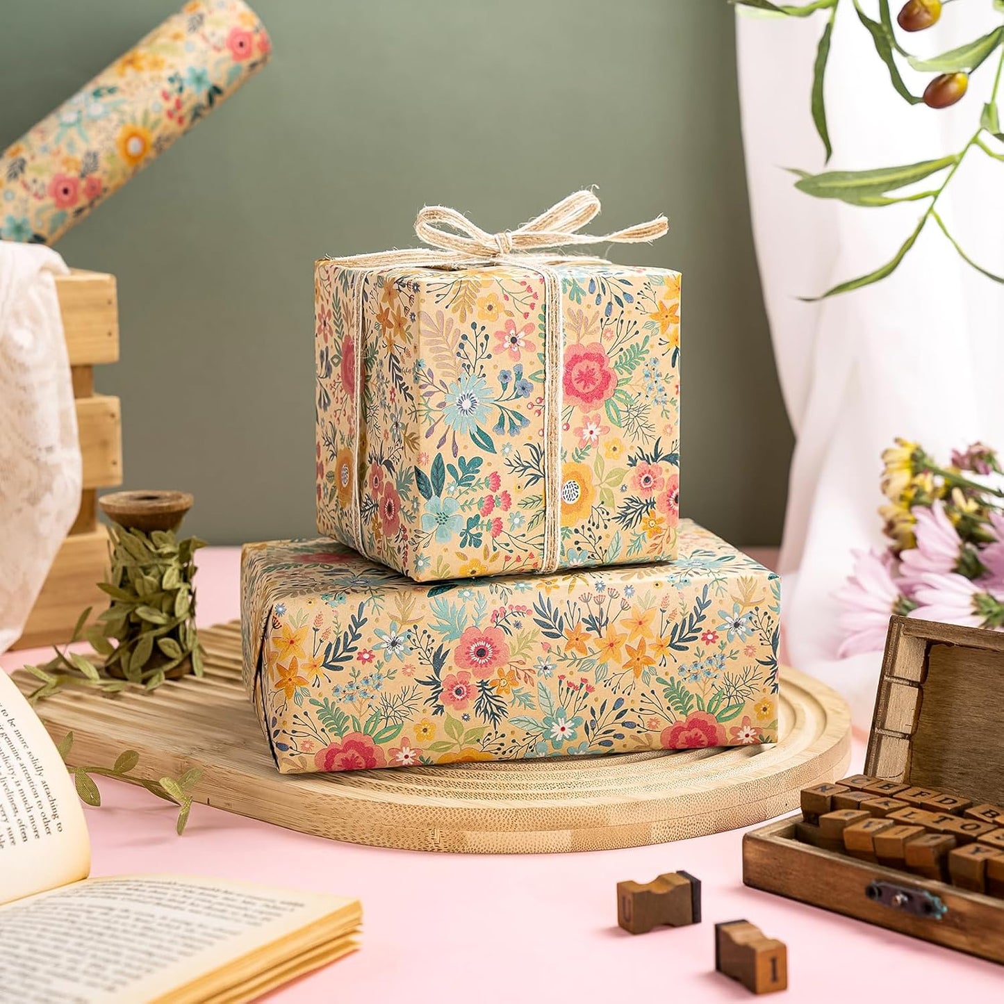 WRAPAHOLIC 30 Inch Jumbo Kraft Floral Wrapping Paper Roll - 30 Inch x 33 Feet - Spring Summer Garden Flower Design Perfect for Wedding, Bridal Shower, Birthday