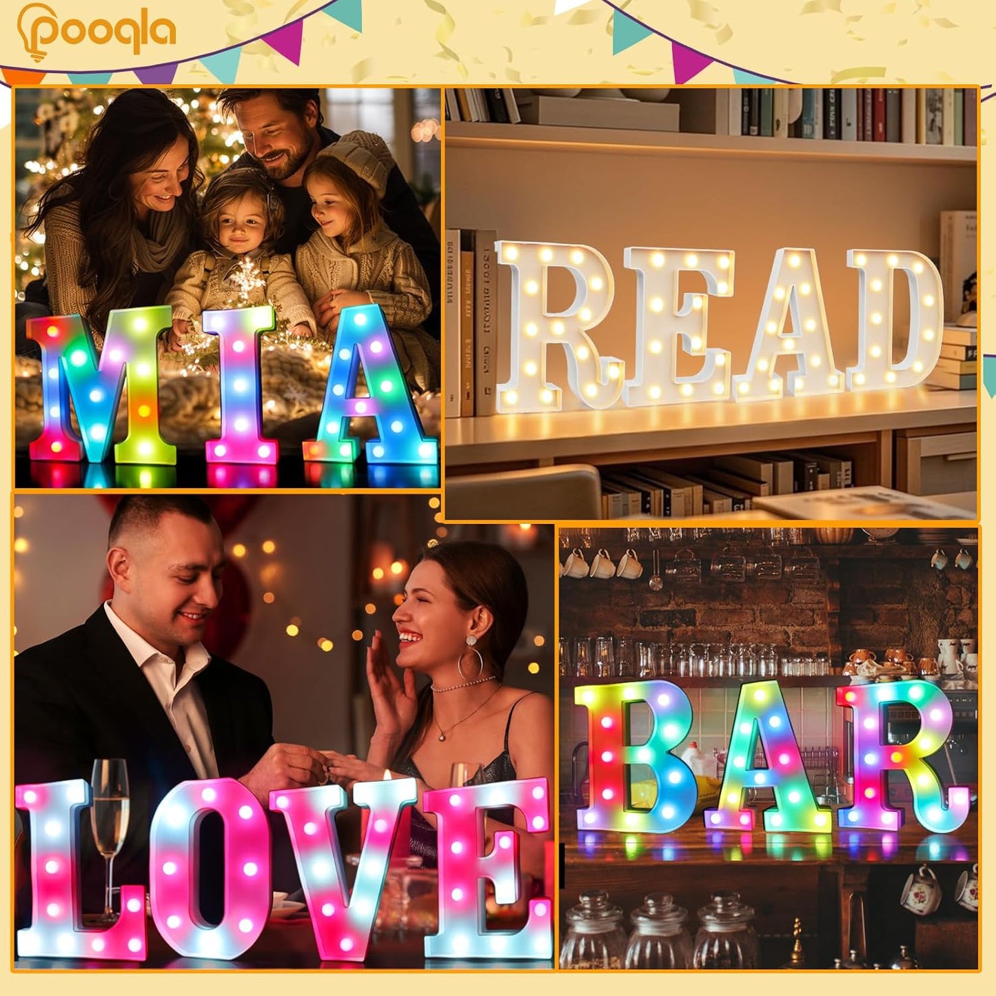 Pooqla Colorful Light Up Letters with Remote, Upgraded 35 Colors LED Marquee Letters, RGB Lighted Letter for Girls Teenager Gift, Birthday, Party, Wedding, Night Light, Room, Bedroom Decor, Letter H