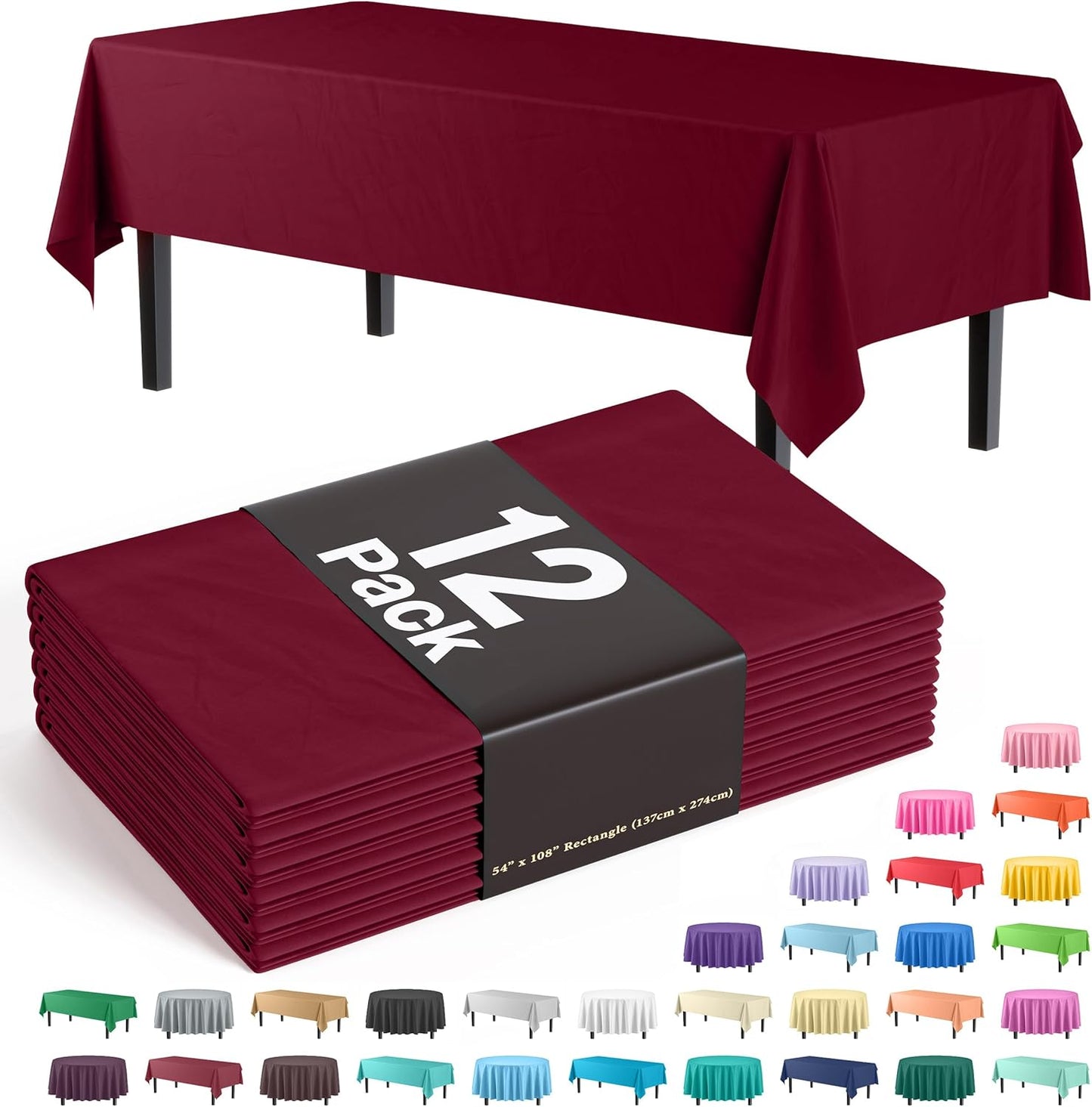 Party Solids Pack of 12 Premium Plastic Tablecloth 54 Inch x 108 Inch Rectangle Table Cover - Burgundy