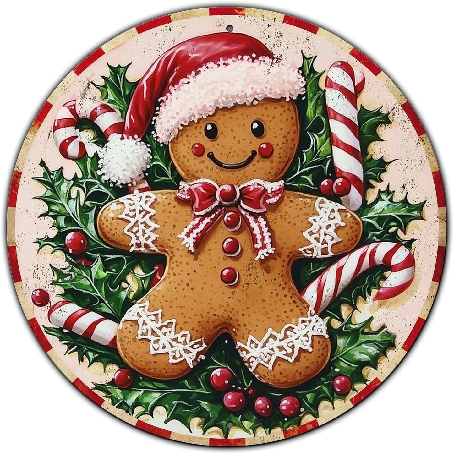 Round Christmas Metal Tin Sign Rustic Wall Decor Gingerbread Man Vintage Tin Sign Candy Canes Christmas Tin Sign for Home Garden Kitchen Bar Cafe Restaurant Garage Wall Decor 8 * 8 in