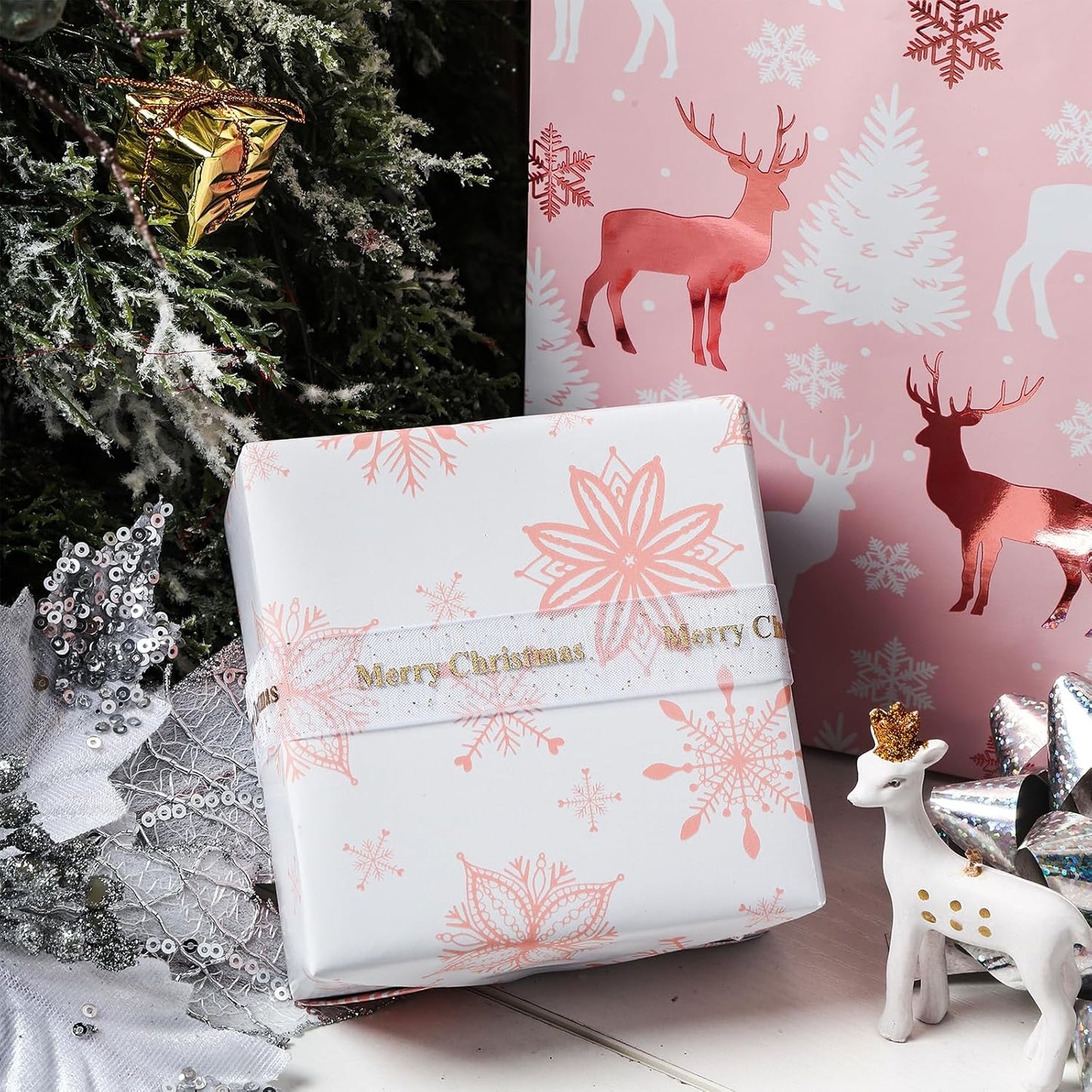LeZakaa Christmas Pink Wrapping Paper Jumbo Roll, Reindeer & Snowflake, Metallic Foil, Rose Gold Foil Reversible Design for Festive Winter Holiday, Family Gathering, 30 inches x 100 Feet