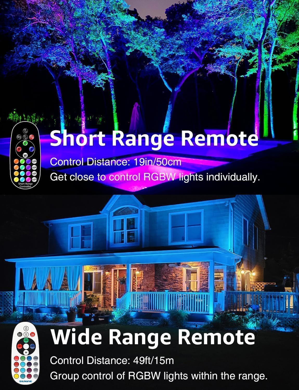 SUNVIE 24 Pack Halloween RGBW Low Voltage Landscape Lights 12W LED Color Changing Landscape Lighting with Remote Control and Wire Connectors, AC/DC 12V-24V Waterproof Outdoor Spotlight for Yard Garden