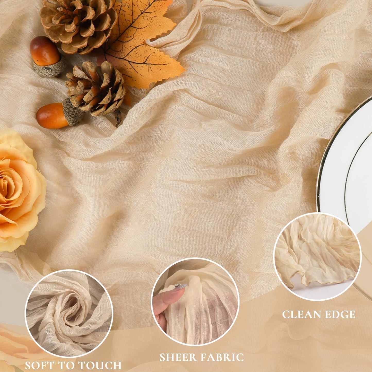 12 Pack Champagne Cheesecloth Table Runner 35x120 Inches, Fall Thanksgiving Cheese Cloth Table Runner 10FT Boho Sheer Gauze Runner for Bridal Shower Wedding Baby Shower Party Decor
