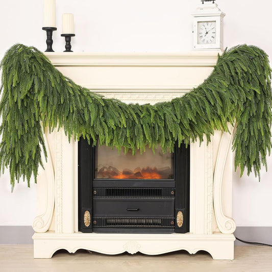 9FT Christmas Norfolk Pine Garland -2PCS, Artificial Pine Needles Garlands Faux Greenery Fake Garland for Holiday Fireplace,Table,Window,Stairs,Mante,Indoor Outdoor Decor