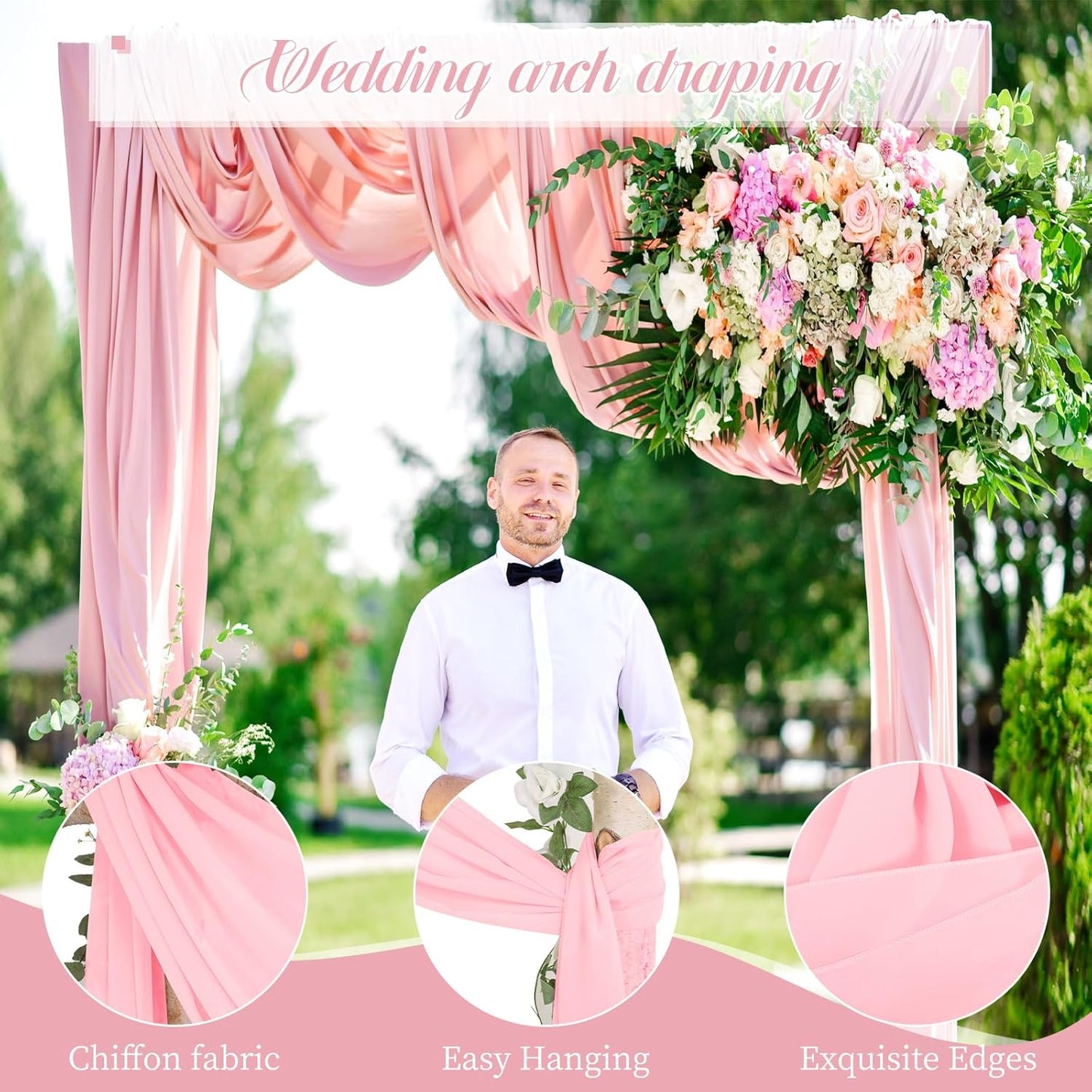 Wedding Arch Draping Fabric, 1 Panels 28" x20ft Pink Sheer Chiffon Curtain Drapes for Wedding Drapes Sheer Backdrop Curtains for Wedding Ceremony Reception Party Decoration